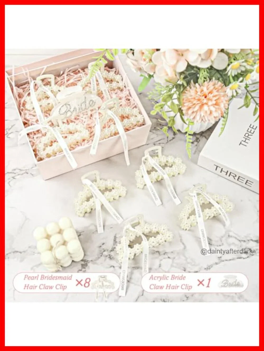 9 Pack Pearl Bridesmaid Hair Claw Clips with Ribbon and Bride Rhinestone Clip